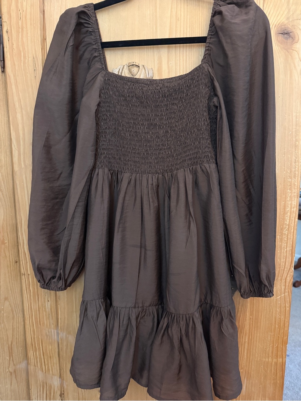 Ghospell Smocked Square-Neck Long Sleeve Dress in Chocolate Brown